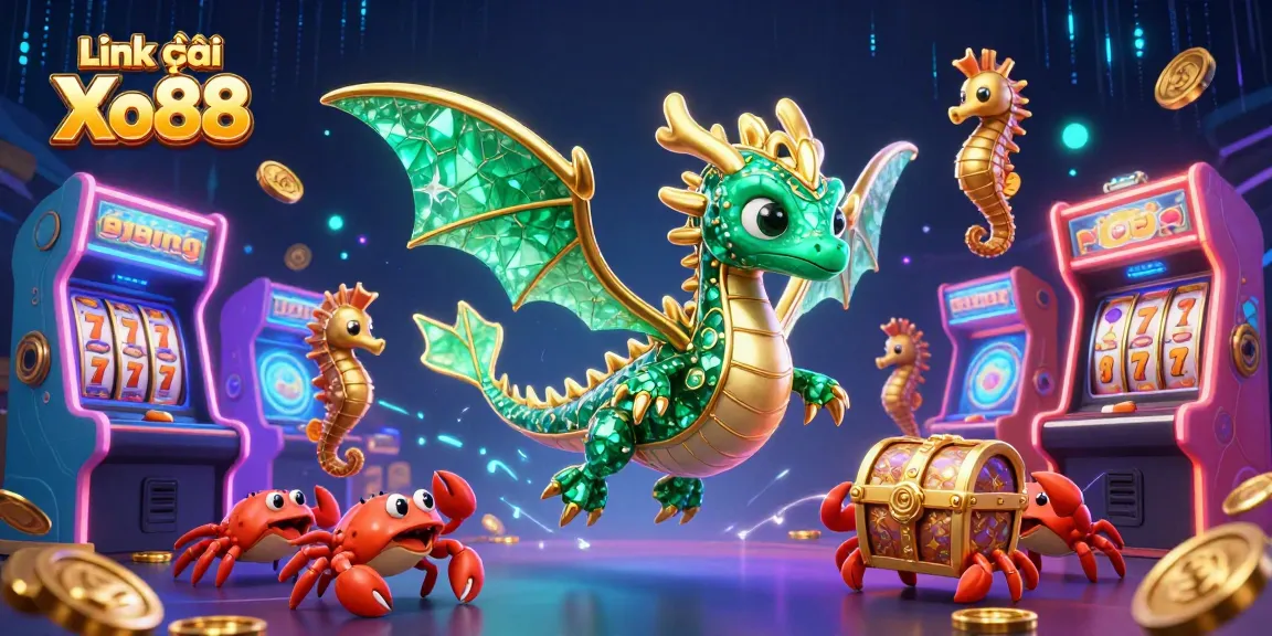 Link vào Xo88 showcases a regal sea dragon amid shimmering slot machine elements.