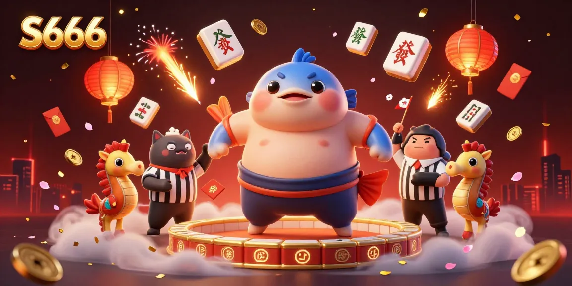 S666 casino features cartoon fugu, catfish referee, seahorse fans in lively gambling scene