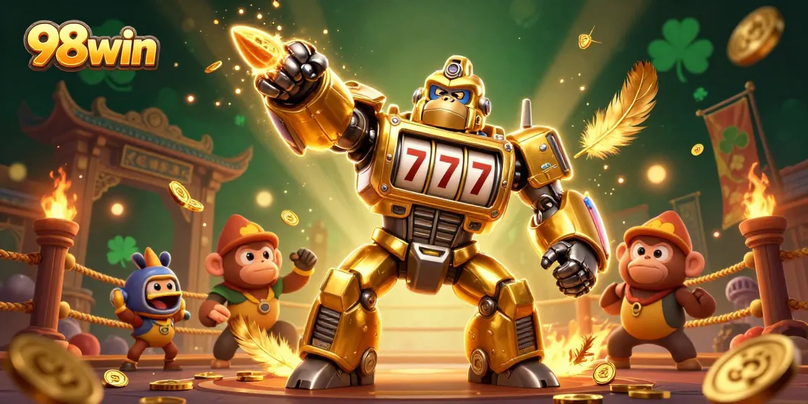 Engage with 98win action as the golden gorilla mech powers through a dynamic casino scene.