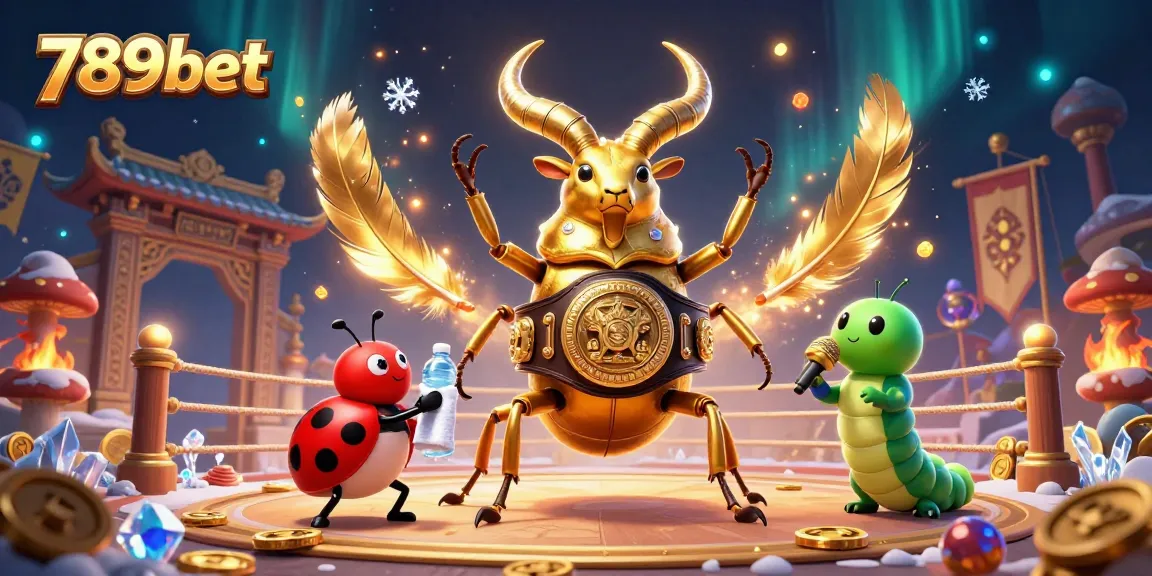 Experience the thrill of 789bet in a vibrant 3D illustration featuring a giant stag beetle champion in action.