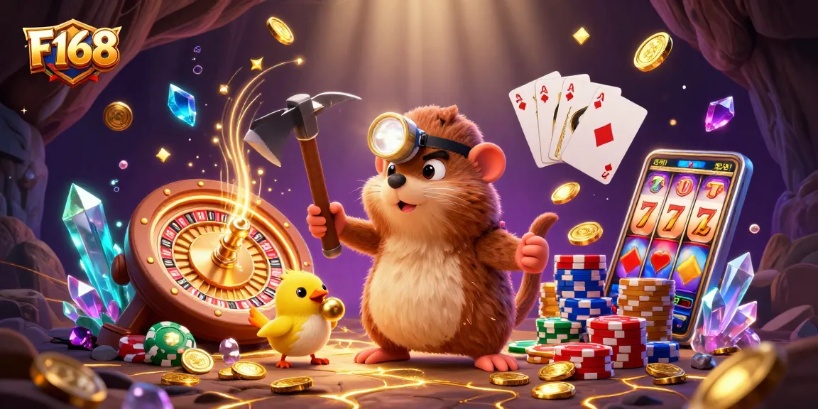 Experience thrilling gaming at F168 with a mining mole, golden gems, and vibrant casino elements.