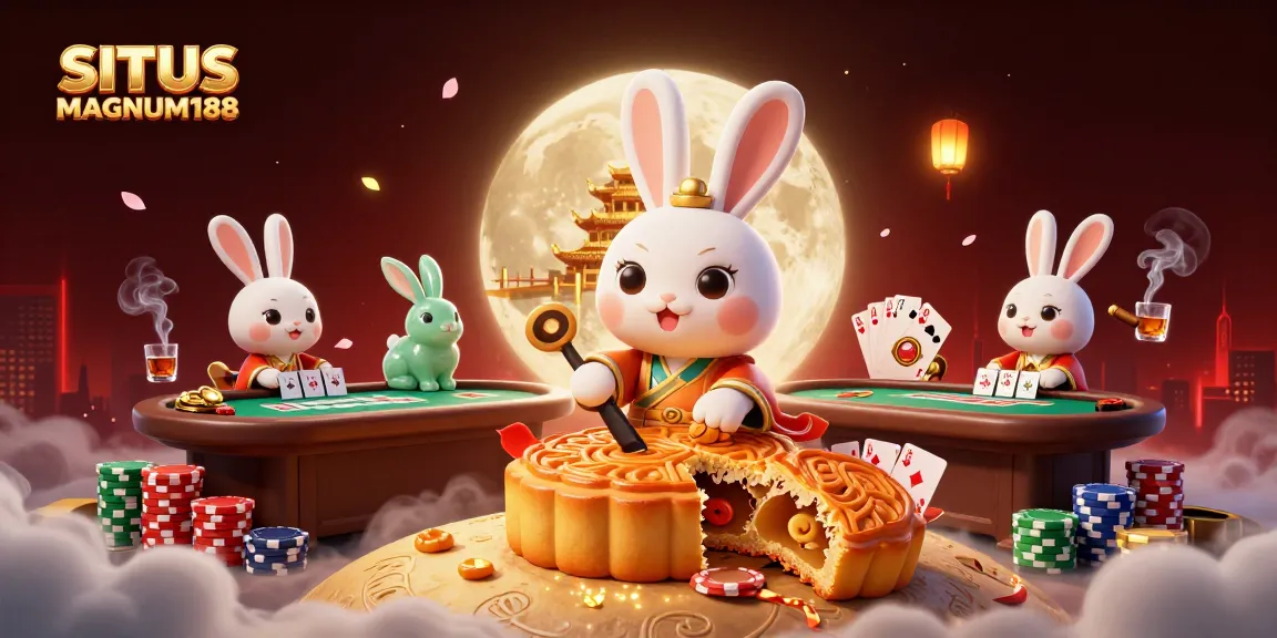 Engage in thrilling gameplay at SITUS MAGNUM188 with 3D moon rabbit characters amidst poker elements.