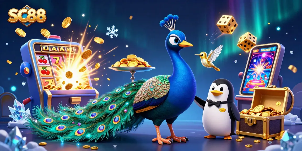 Experience thrilling action at SC88 with a colorful jackpot scene featuring a peacock and dynamic casino elements.