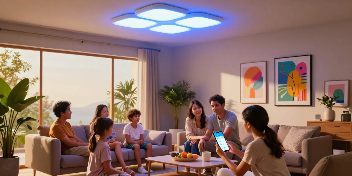 mein Nanoleaf Skylight Review - Family enjoying customizable smart lighting in a modern living room.