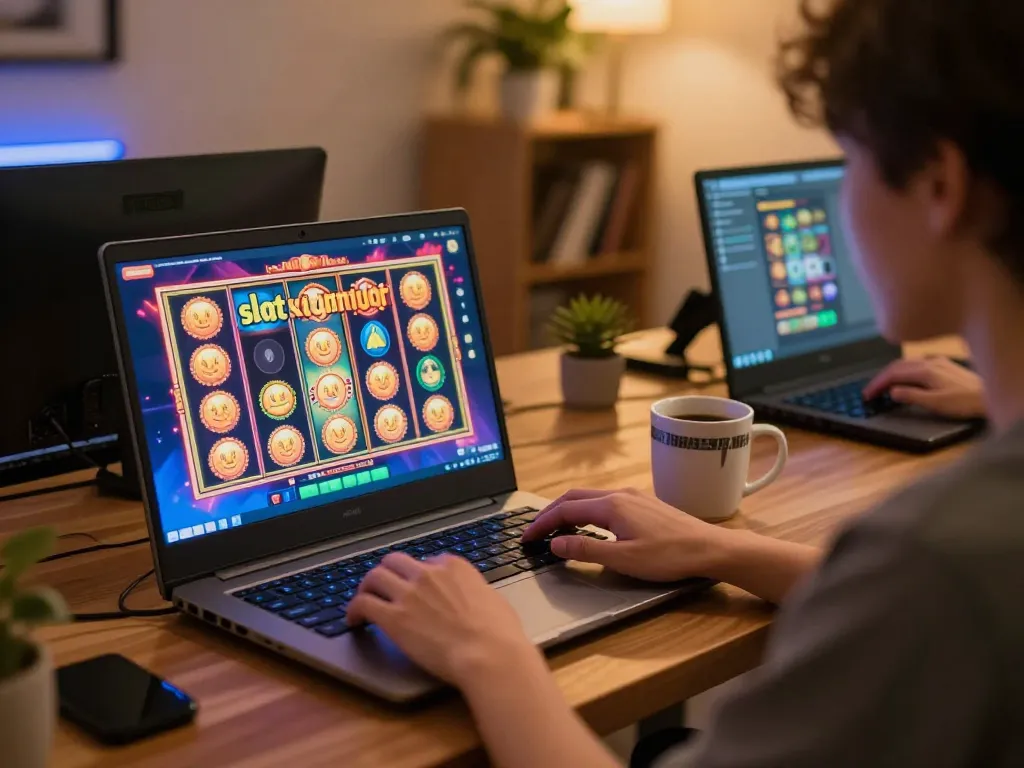 Playing slot luar negeri on a laptop with colorful graphics in a cozy gaming setup.