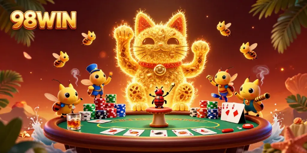 Join the excitement of 98WIN with a vibrant casino scene featuring a lucky cat and dynamic poker elements.