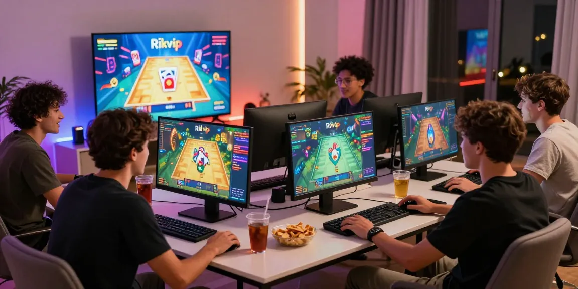 Excited friends enjoying an online game on Rikvip platform in a lively home setting.