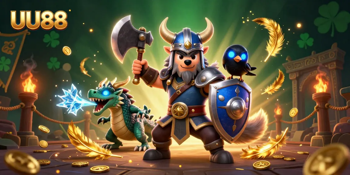 Engage with UU88 in this vibrant 3D casino illustration featuring a Viking wolf warrior.