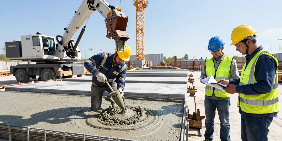 Workers utilizing NAGA2000 concrete at a modern construction site for efficiency and quality.