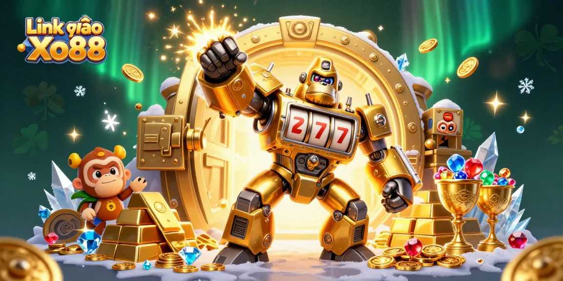 Engage with Link vào Xo88 in an explosive 3D casino scene featuring a mech and treasures.