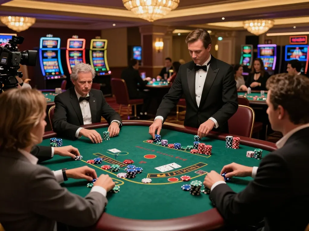 Players engaging at a vin777 blackjack table, vibrant chips and cards creating an exciting atmosphere.
