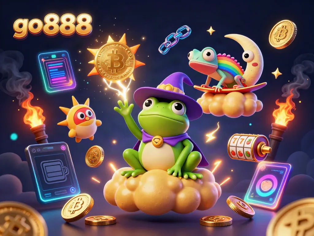 Engage with go 888's vibrant casino scene, featuring a wizard frog and chameleon amidst golden coins.
