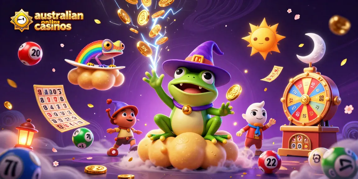 Catch the excitement of australian online casinos with colorful themed characters and dynamic gambling elements.