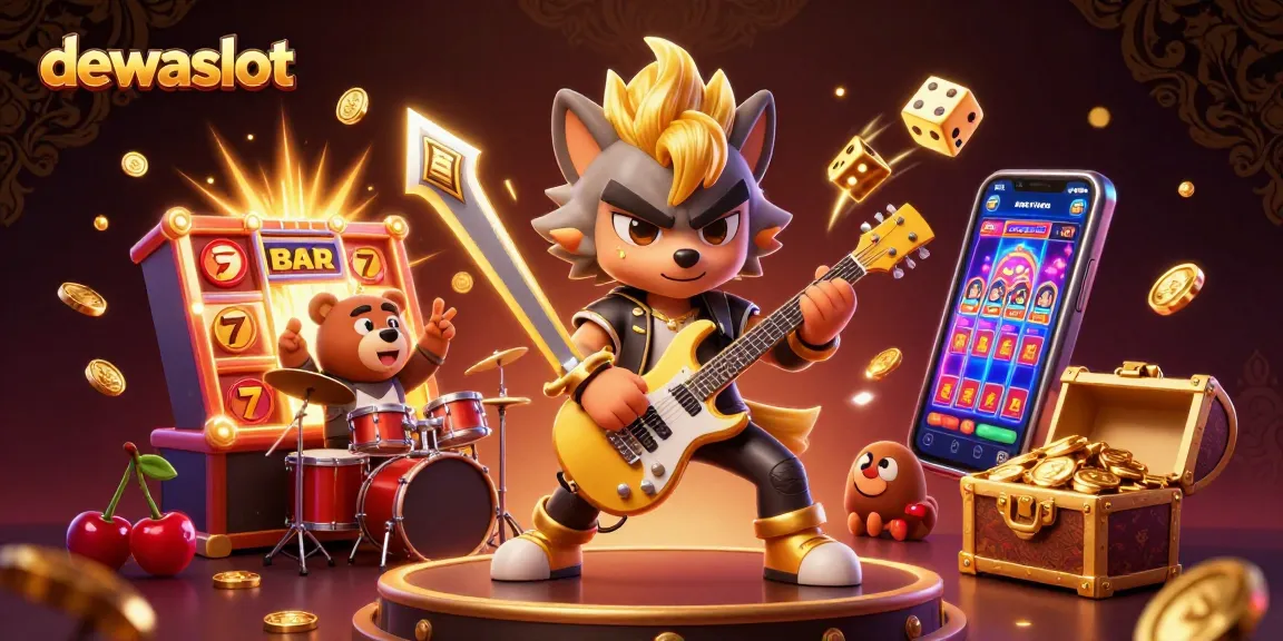Menggambarkan suasana meriah Dewa Slot dengan slot dan simbol keberuntungan dalam ilustrasi 3D
