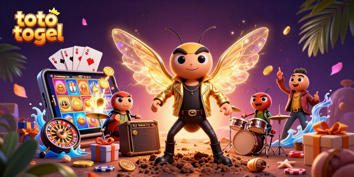 Gambarkan toto togel yang mengasyikkan dalam ilustrasi streaming kasino 3D dengan bintang rock dan elemen permainan.