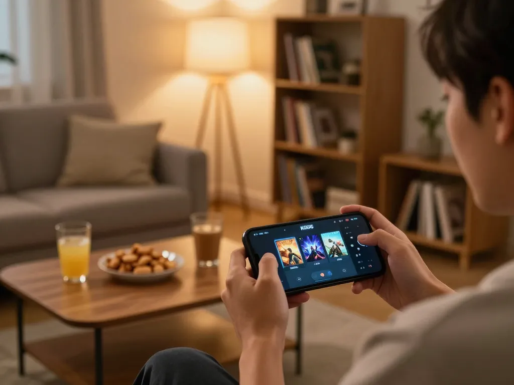 Tải ứng dụng KO66 on a smartphone, showcasing user-friendly interface in a cozy living room gaming setup.