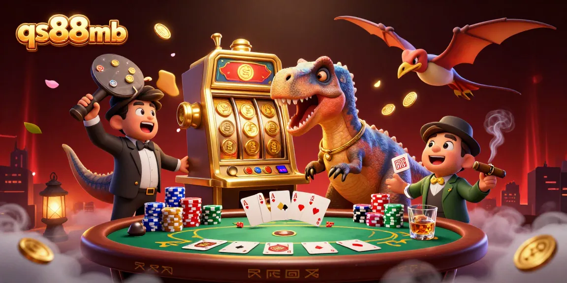 qs88mb showcases a fun 3D casino scene with a dinosaur hitting a slot machine for jackpots
