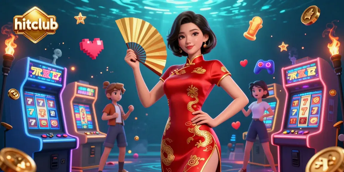 Experience the thrill at Hitclub with vibrant slot machines and a radiant Asian woman in traditional attire.