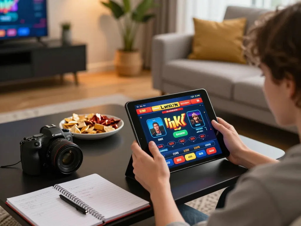 Person engaged with LLwin ink online gambling tablet in a cozy living room setup