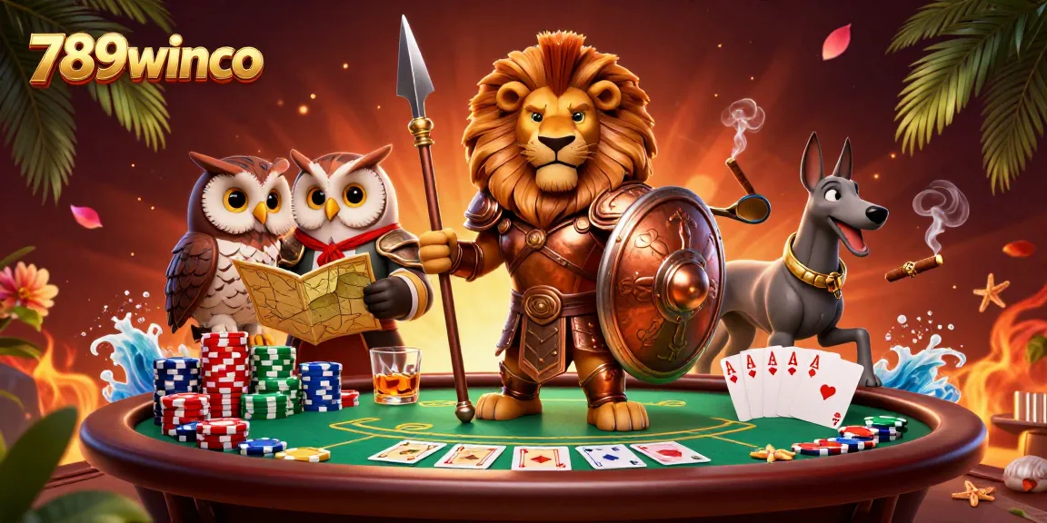 Engage in thrilling gameplay at 789winco, featuring a Spartan lion and tactical characters in a vibrant casino scene.