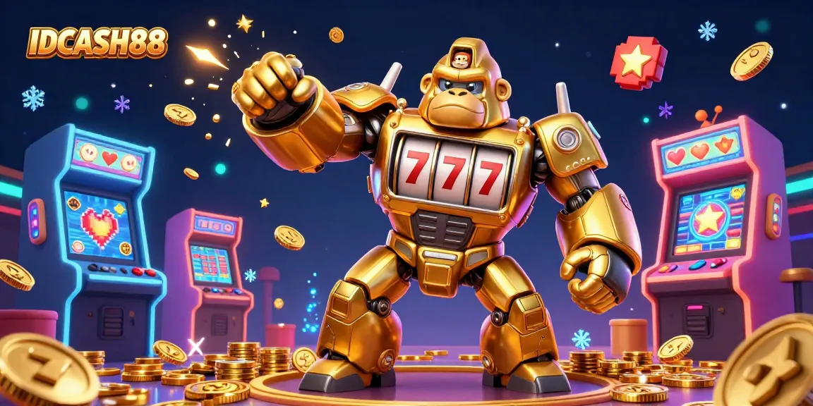 Experience thrilling gameplay at IDCASH88 with vibrant 3D illustration of a golden gorilla mech and slot machines.