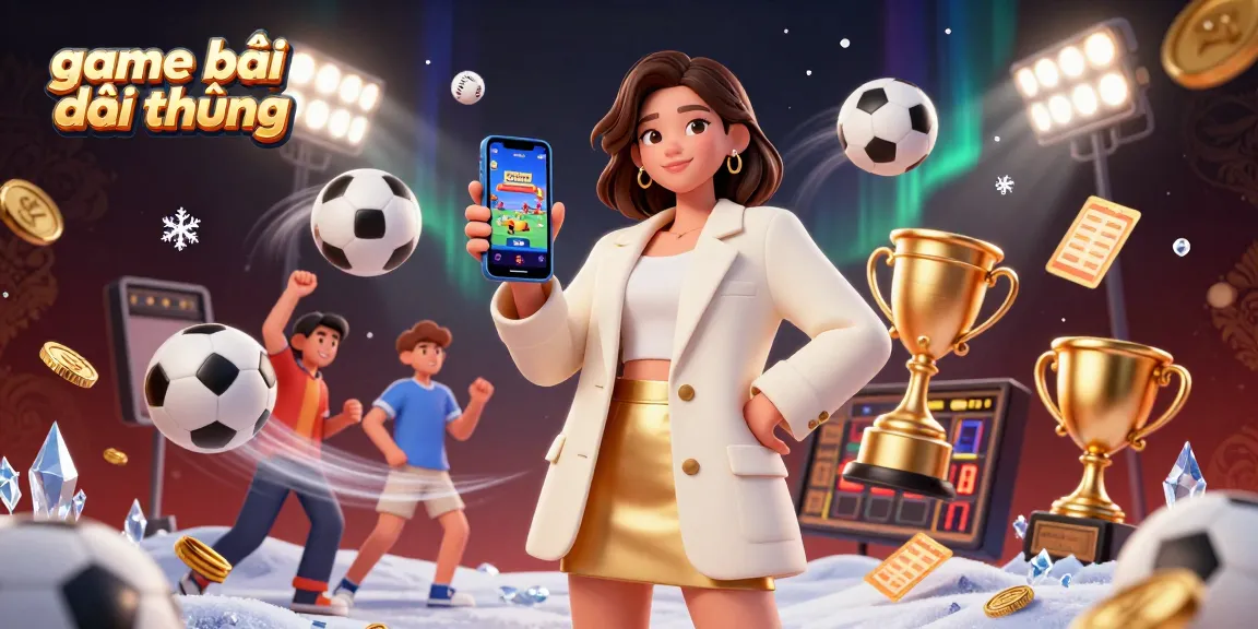 A photorealistic Asian woman engages with a game bài đổi thưởng app, surrounded by dynamic sports elements, capturing the excitement of online betting.