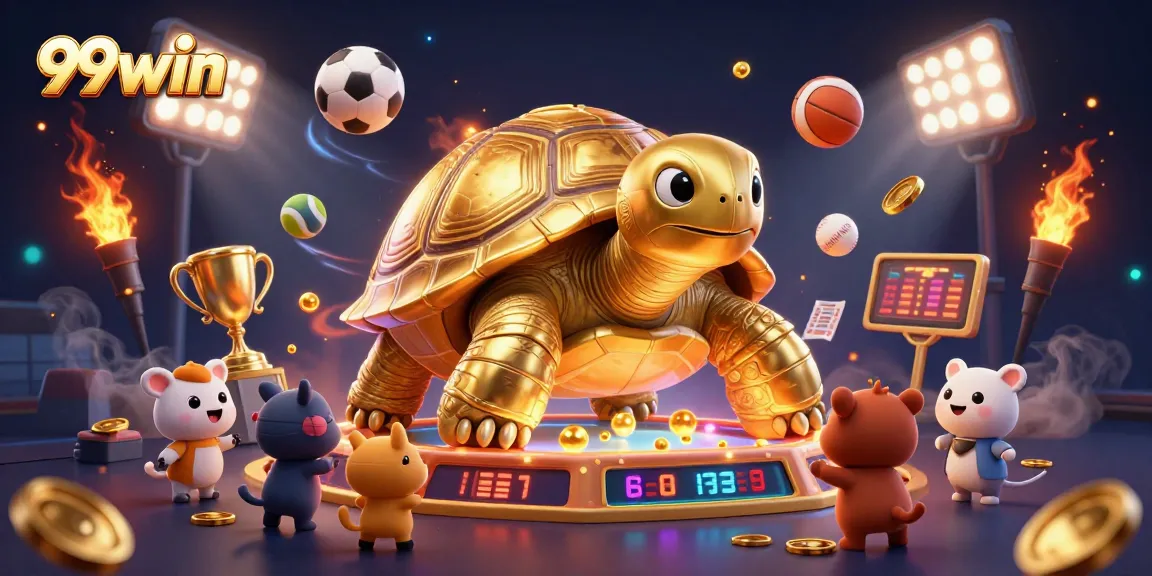 Experience the excitement of 99win with a vibrant scene featuring a cartoon tortoise pinball machine.