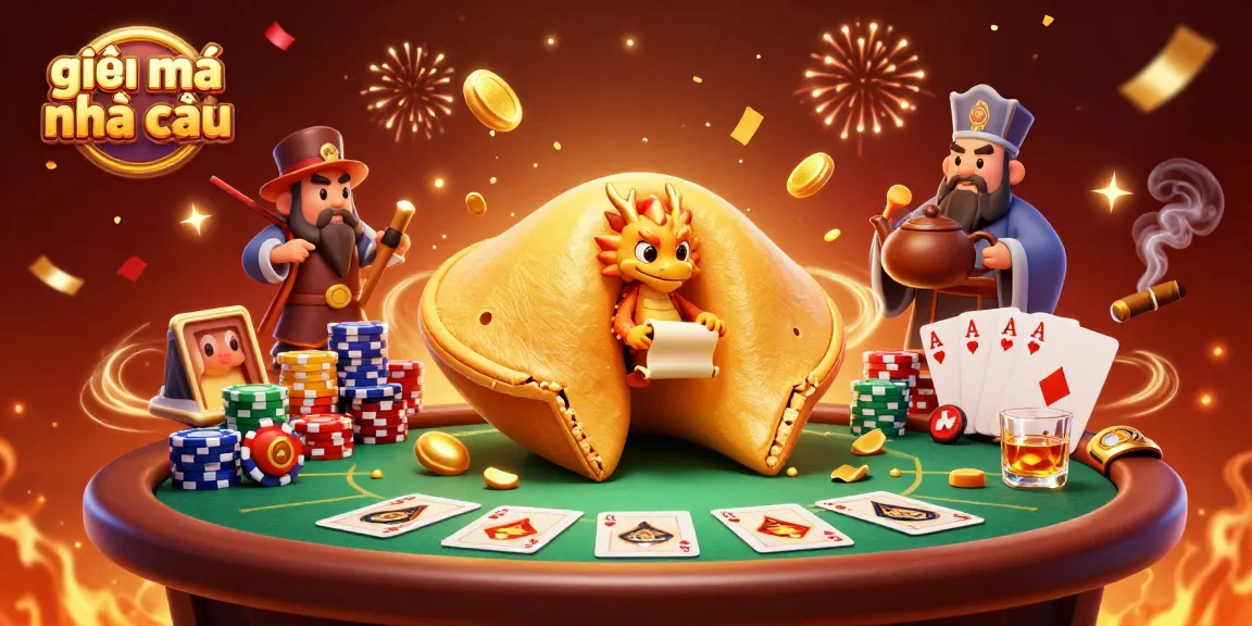 Engage in the world of giải mã nhà cái as a wise dragon reads fortunes amidst festive casino elements.