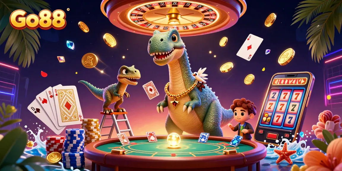Go88 brings excitement to players with a vibrant casino scene featuring a whimsical dinosaur and card dealer in action.