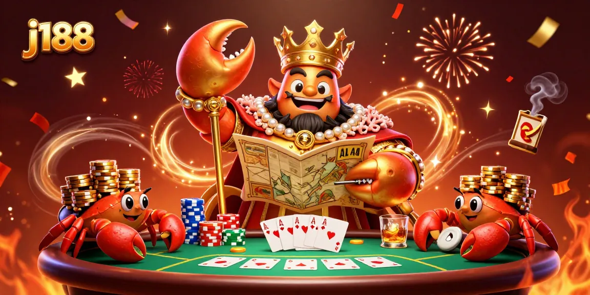 Experience the thrill of j188's vibrant poker scene with our golden crab emperor and dazzling casino elements.