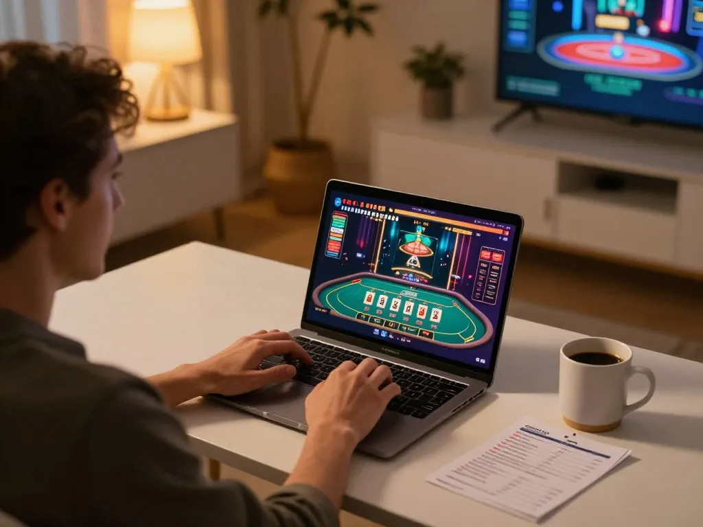 Player engaging with sc88e live casino game on a modern laptop, creating an exciting online gambling experience