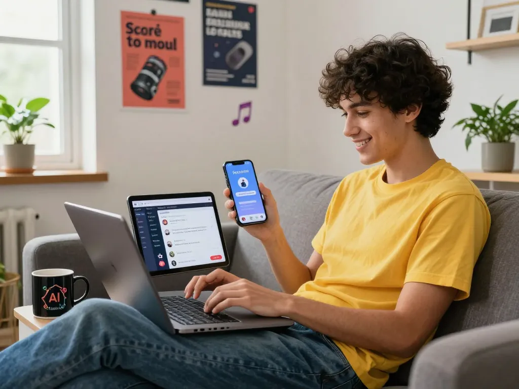 User engaging with spicychat AI chatbot in a cozy tech workspace.