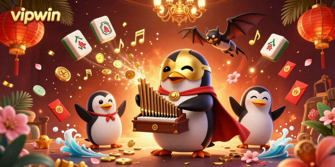 Experience the excitement of vipwin with a vibrant 3D casino scene featuring unique characters and festive elements.