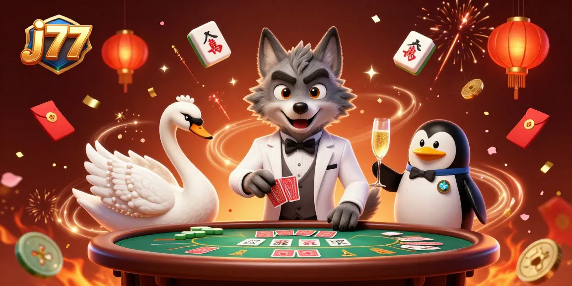 Play lively games at j77 casino featuring a debonair wolf, elegant swan, and penguin sommelier.