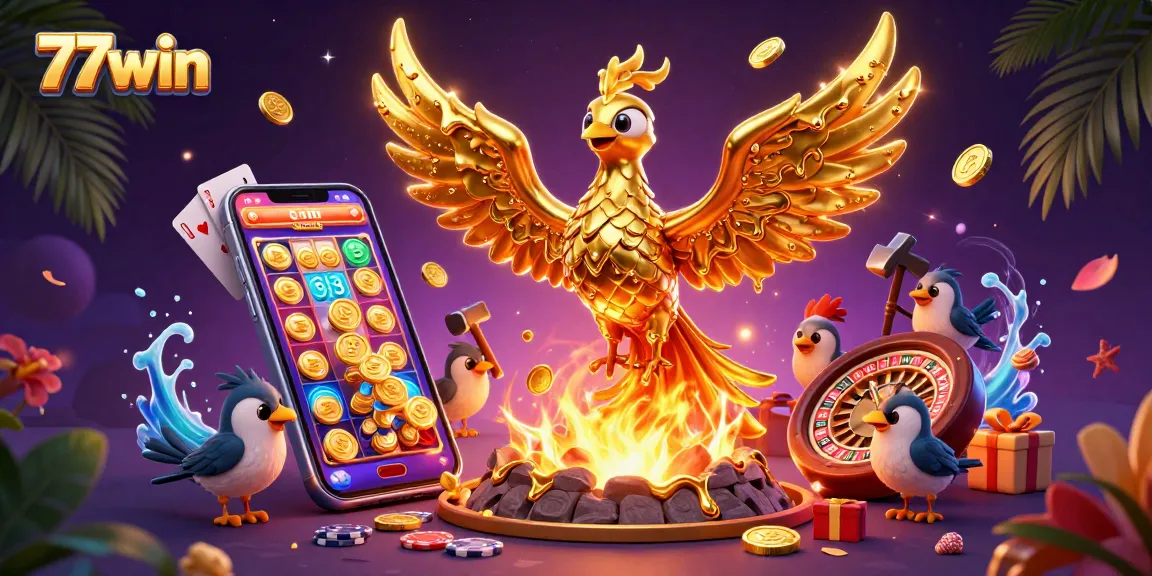 Play exciting slot games at 77win with golden coins and vibrant visuals in a captivating casino setting.