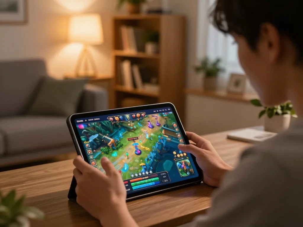 Engaged player enjoying game bắn cá đổi thưởng on a tablet at home