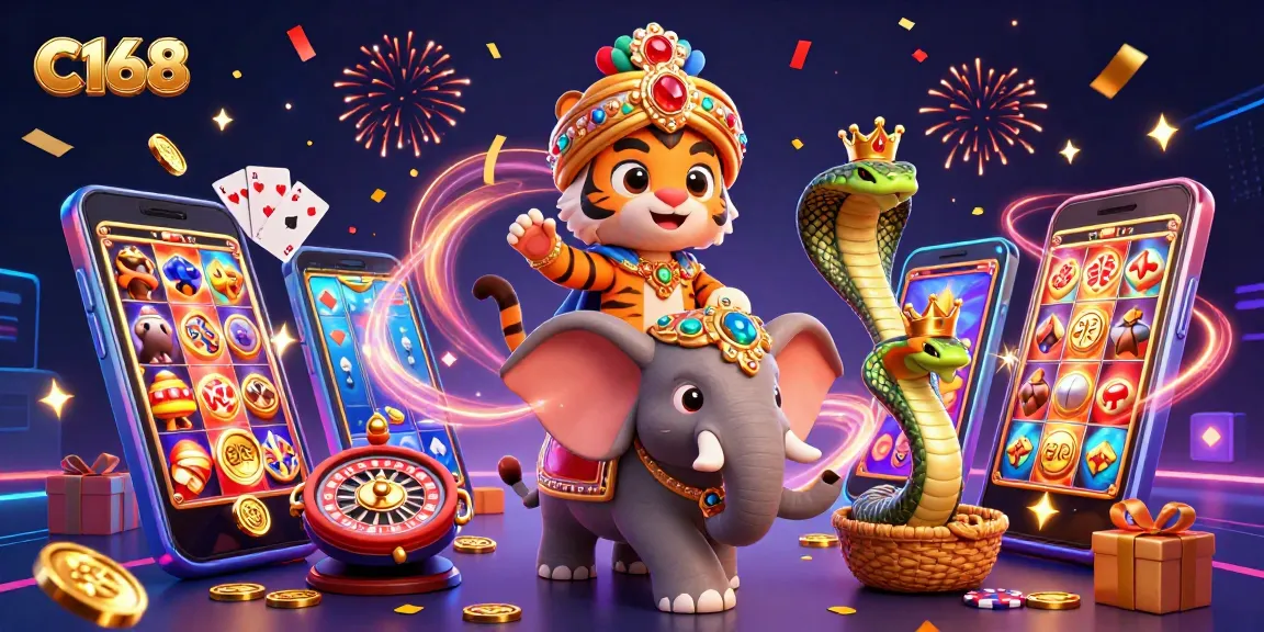 Experience excitement in C168 with a vibrant casino scene featuring a maharaja tiger and elephant.