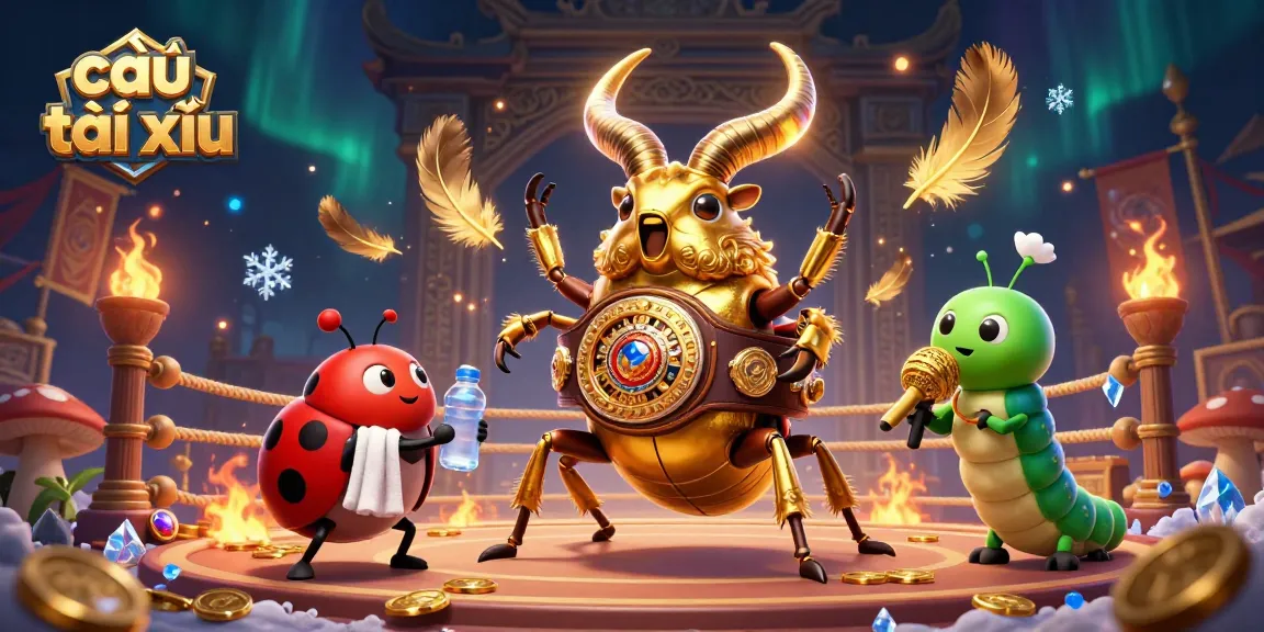 Engage in cầu tài xỉu with a vibrant 3D scene of a stag beetle champion and ladybug corner-man amidst casino elements.