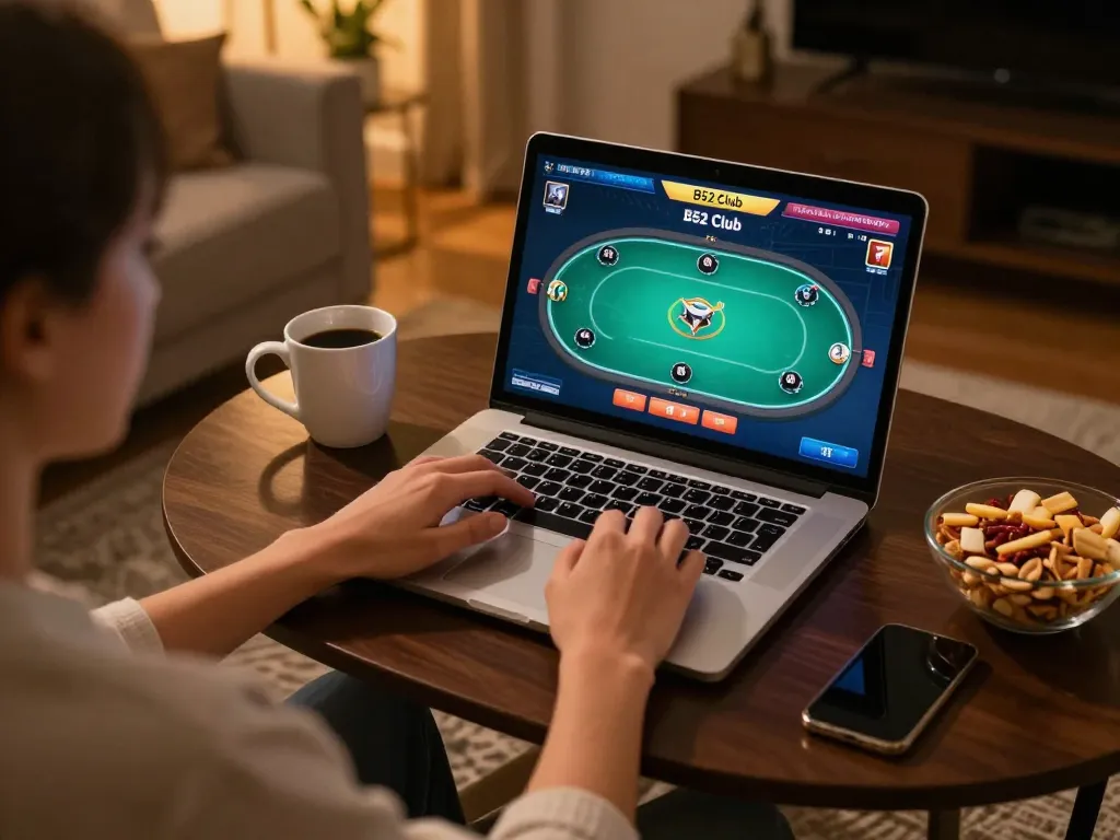 B52clubpro player immerses in an online poker game within a cozy home atmosphere, showcasing strategic gameplay.