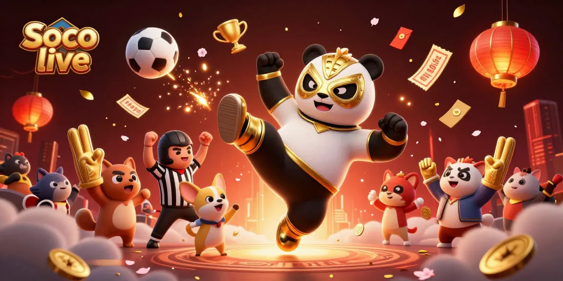 Soco live showcases vibrant sports betting action with cartoon panda wrestler and cheering animal crowd in a lively illustration.