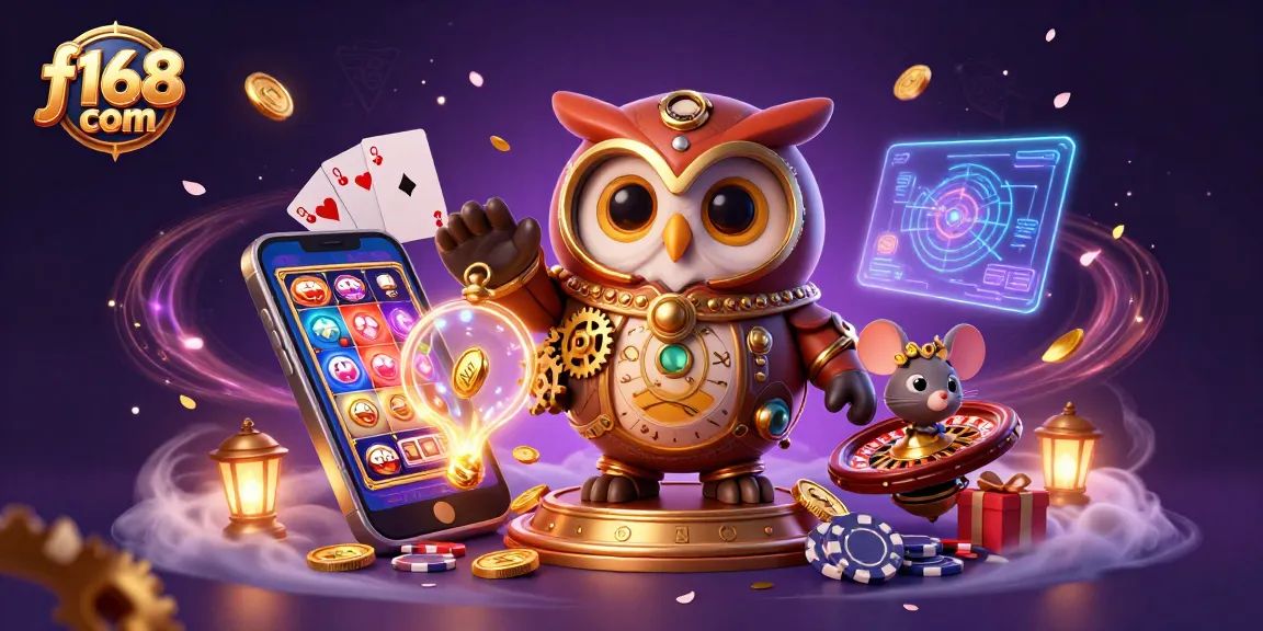Experience the thrill of f168 com with dynamic casino elements and 3D characters in a vibrant illustration.