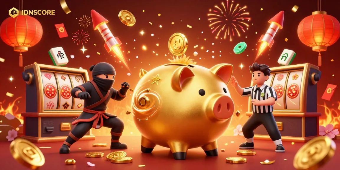Engage with IDNSCORE as a golden piggy bank wrestler unleashes coins in a dynamic casino scene.