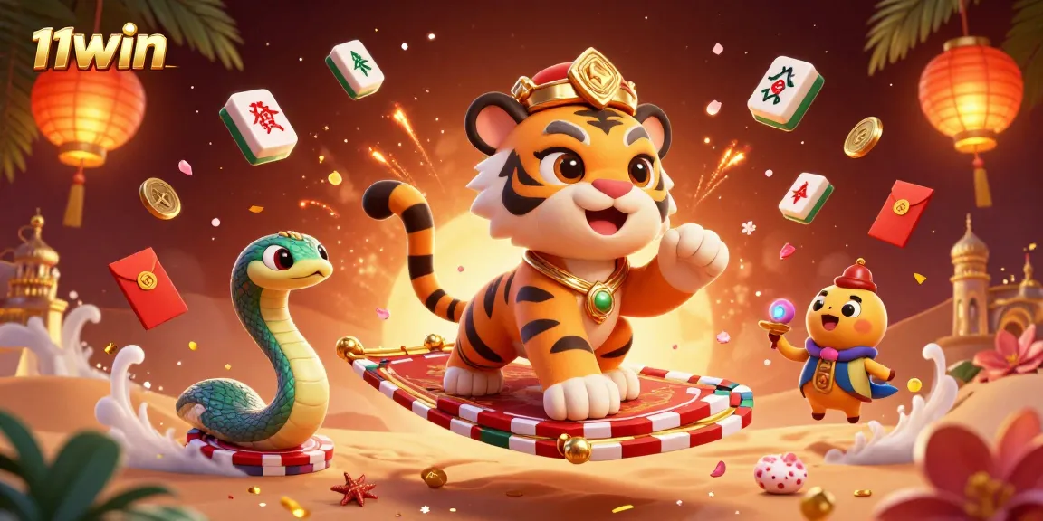 Experience the magic of 11WIN with an Arabian Nights-themed casino illustration featuring a tiger sultan and vibrant gaming elements.