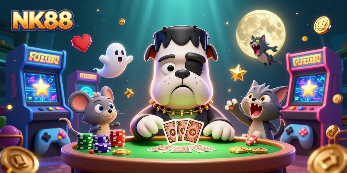 Experience thrilling card dealing at NK88 with colorful casino elements and enchanting characters.