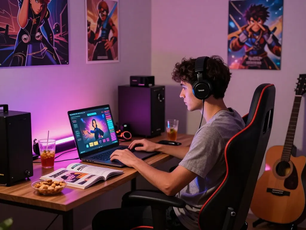Engaged gamer playing an HTML porn game in a cozy, colorful bedroom setup.