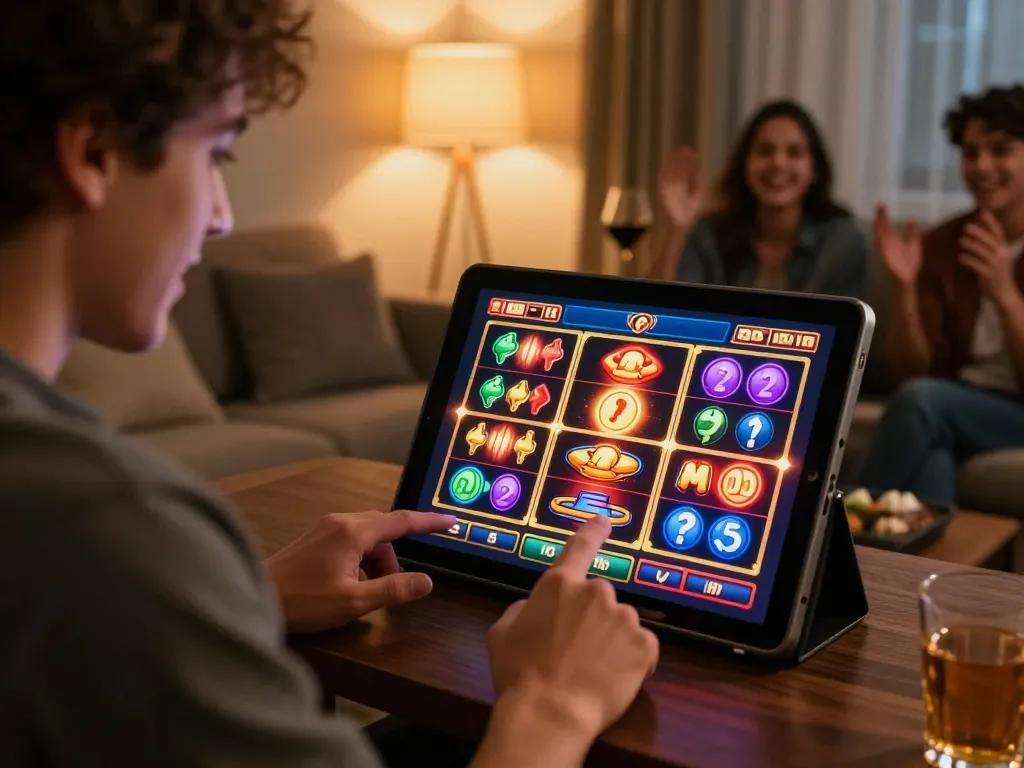 Engaging with Nhà cái MM88 online slot games in a cozy home setting with friends.