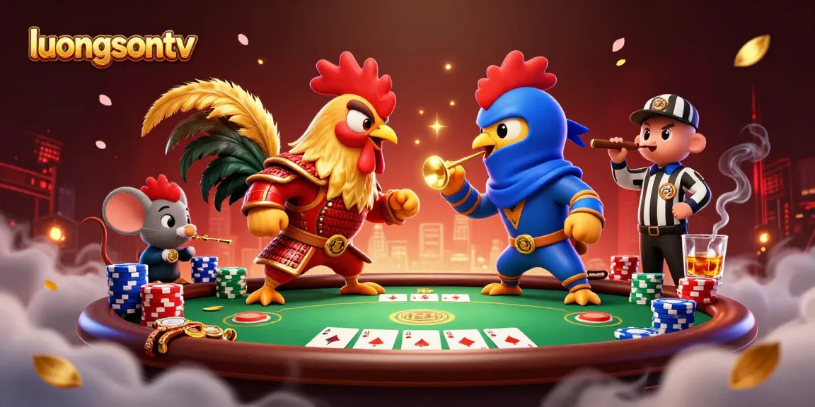 Experience thrilling action on luongsontv with dynamic cartoon roosters engaged in a betting showdown.