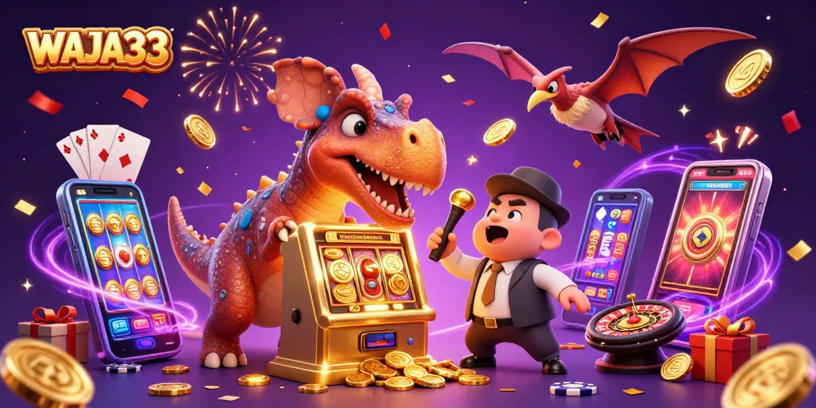WAJA33 casino scene with a cartoon dinosaur celebrating a jackpot from a slot machine among flying coins.
