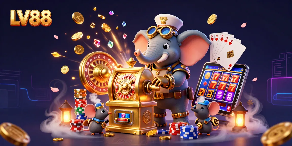 Experience exciting gameplay at LV88 with a steampunk elephant operating a golden slot machine amidst vibrant casino elements.