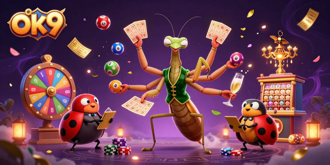 Engage with ok9 through a vibrant casino scene featuring a giant praying mantis and lively elements.